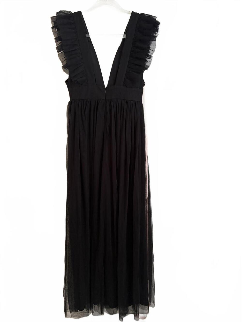 Lulus | NWT Simply Delighted Black Deep V Mesh Ruffle Backless Maxi Dress Size S - Picture 7 of 9